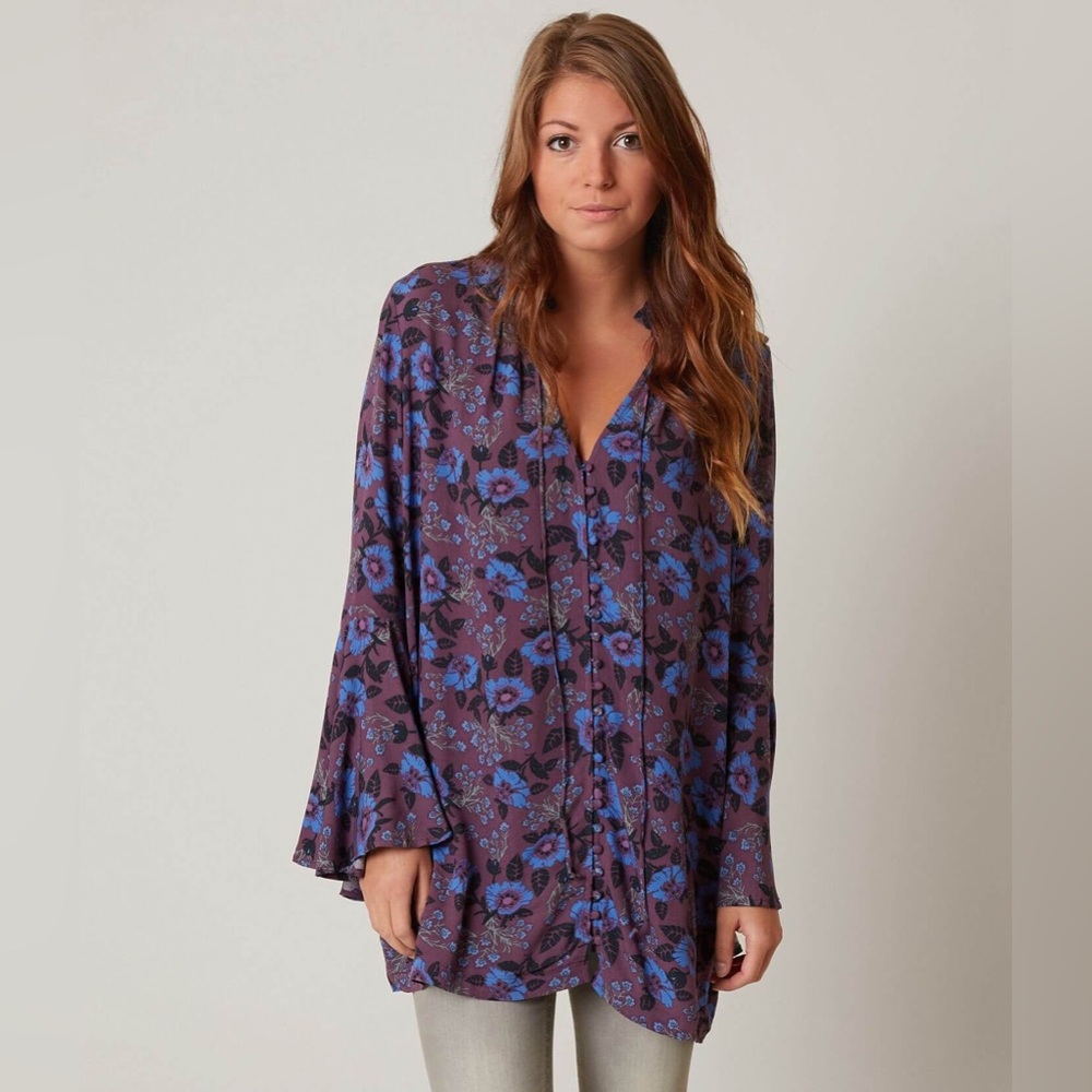 Free People Mini Dress Tunic Women XS Purple Floral Boho Brunch Festival Flowy